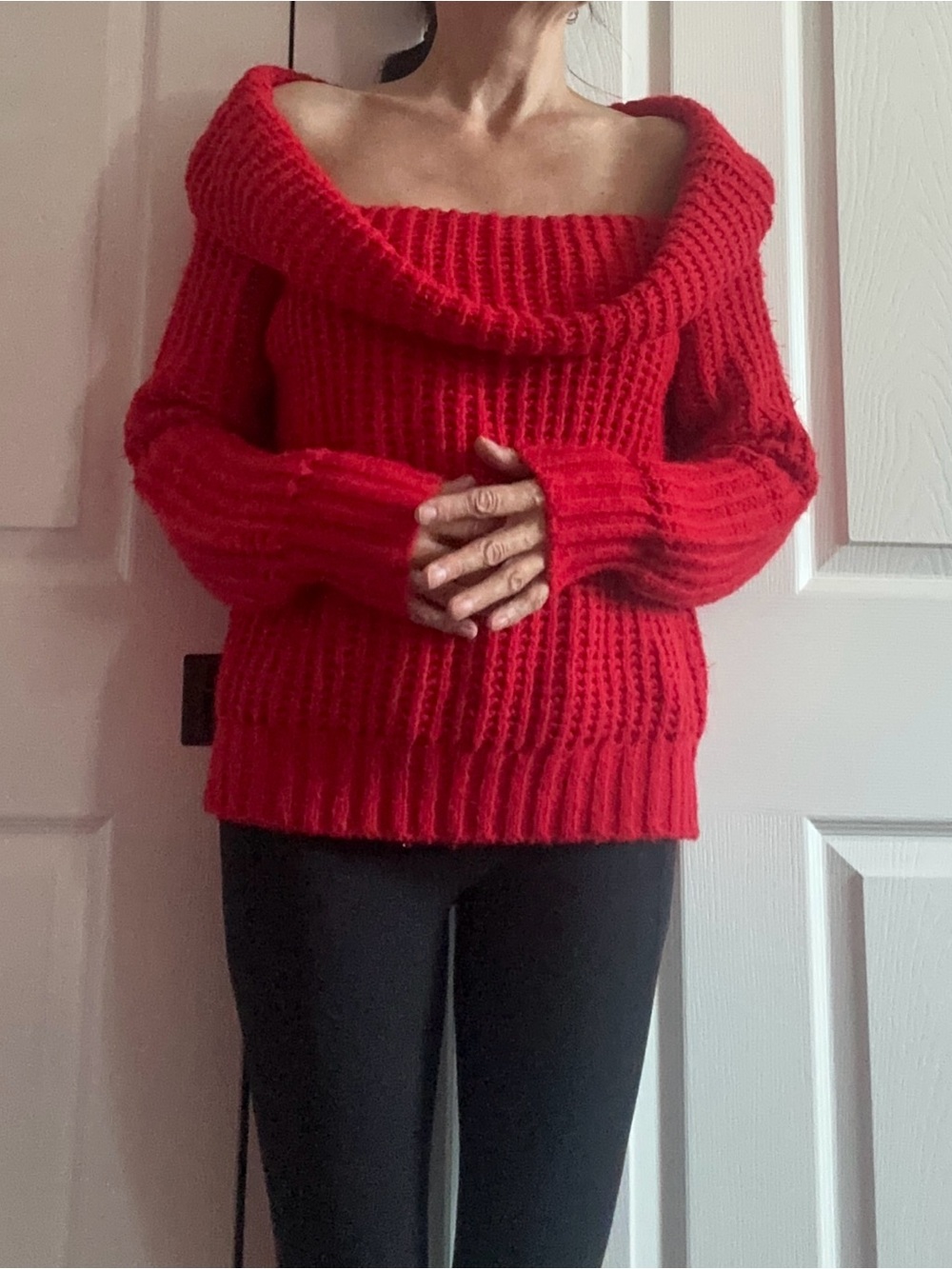 INC red, off the shoulder or cowl neck knit sweater, medium